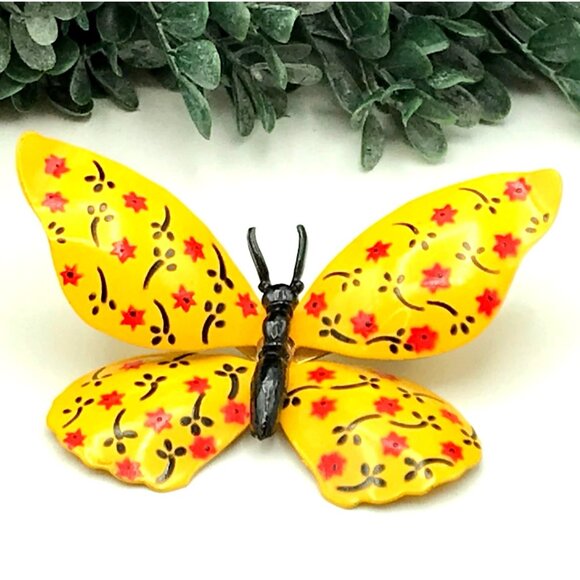 Vintage Yellow Butterfly Brooch Pin With Hand-Painted Red & Black Floral Design - Picture 1 of 5